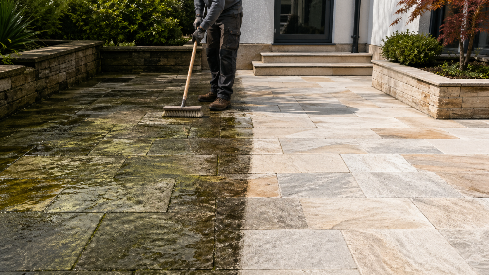 Naturstein-Terrasse mit Steinreiniger reinigen – Empefly