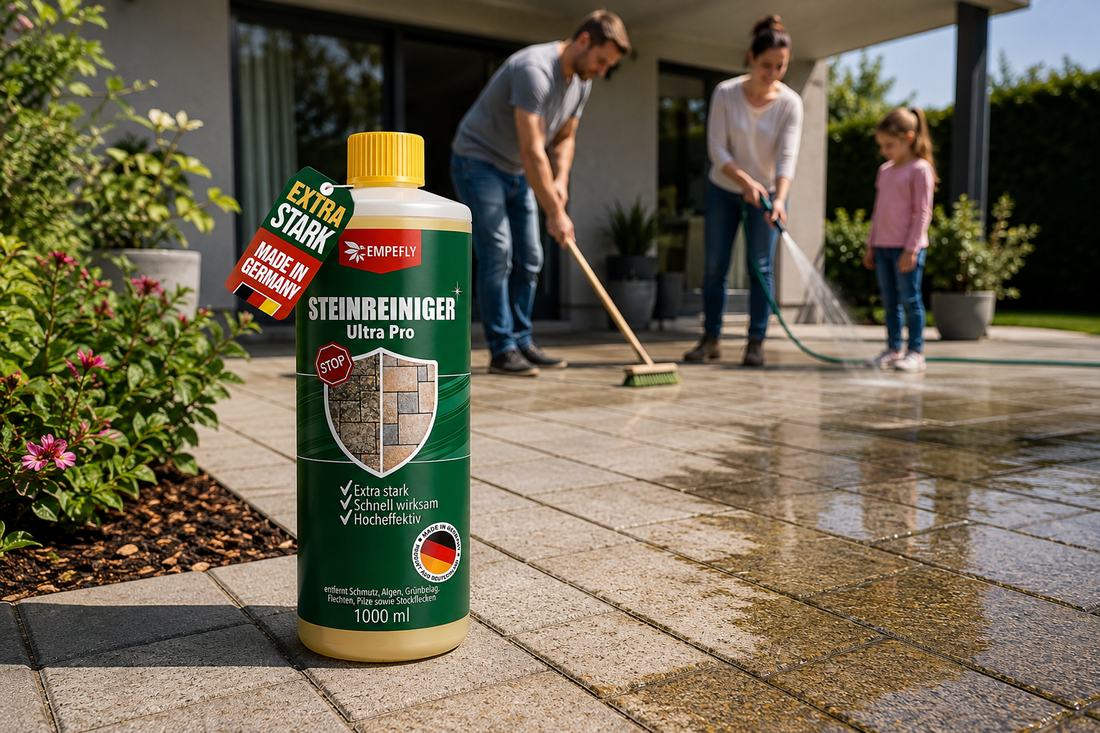 Steinreiniger für außen: Steinreiniger Ultra Pro auf einer Terrasse mit Familie im Hintergrund bei der Reinigung von Pflastersteinen, Terrassenplatten und Naturstein gegen Algen, Flechten und Schwarzalgen