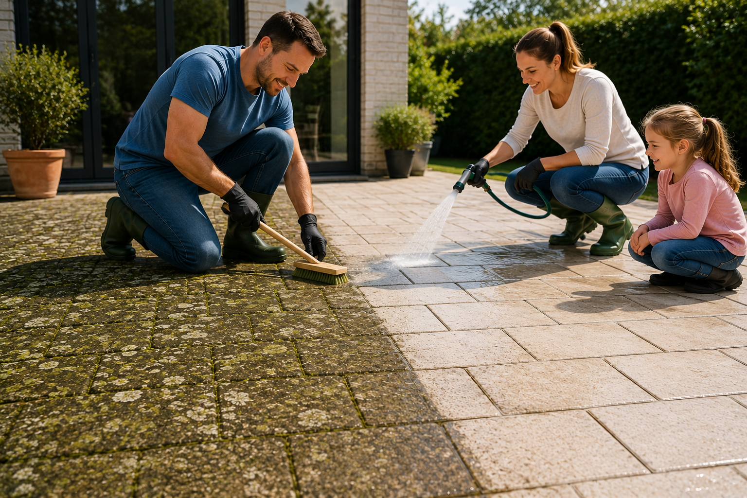 Menschen reinigen eine Terrasse mit Algen- und Pilzbefall schonend per Hand – Vorher-Nachher-Bild einer gepflegten Pflasterfläche im Garten.