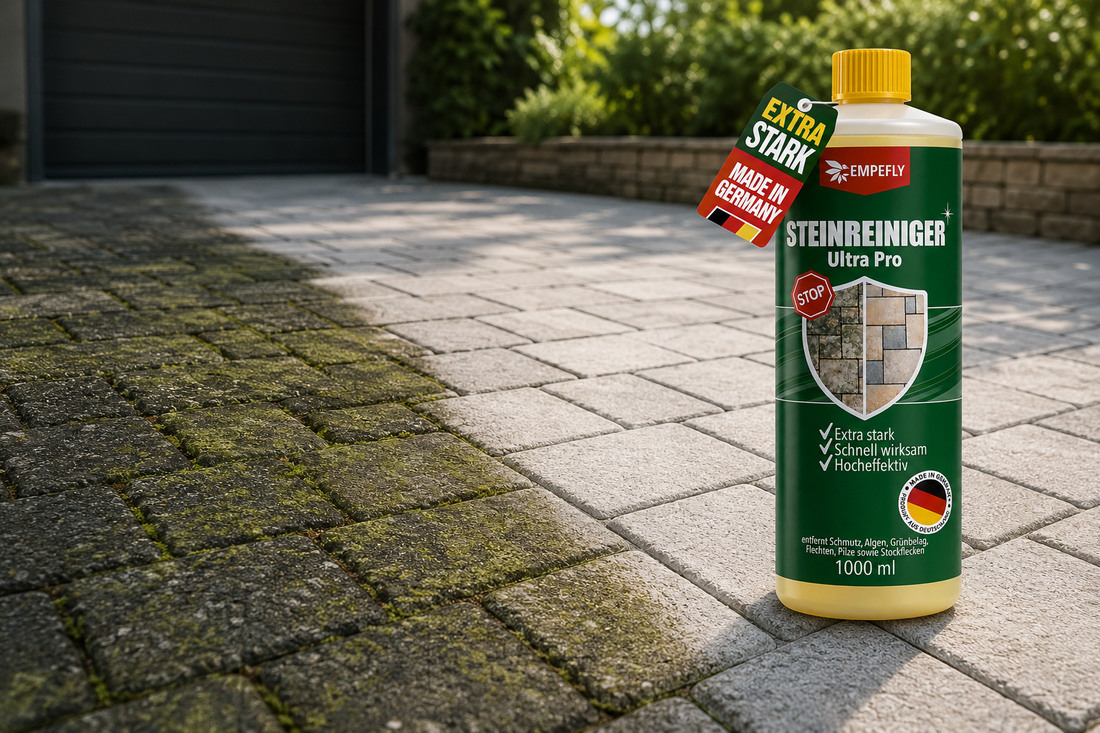 Verschmutzte und gereinigte Pflastersteine im Vorher-Nachher-Vergleich mit Steinreiniger Ultra Pro – schonende Reinigung von Algen, Grünbelag und Flechten ohne Hochdruckreiniger.