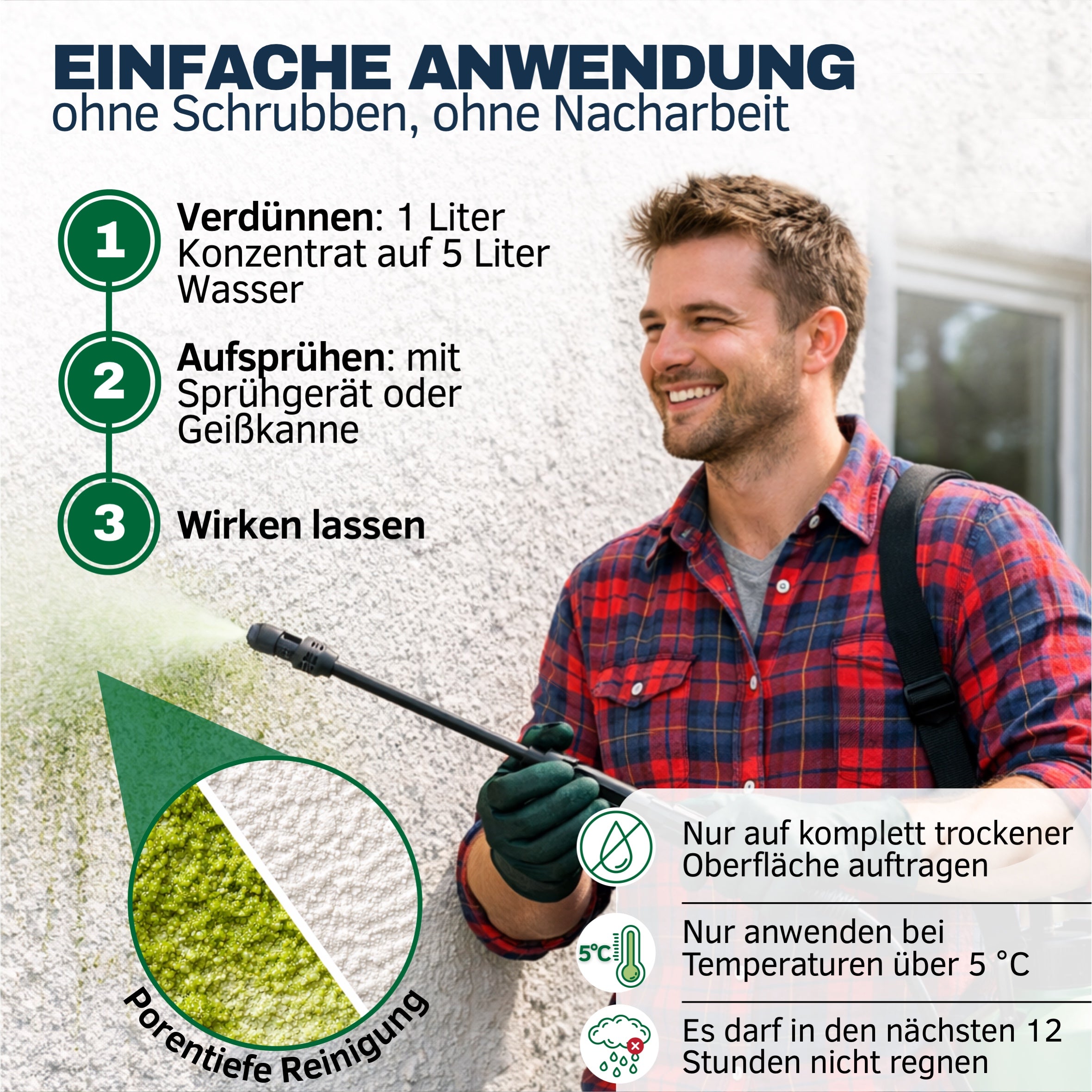 Grünbelag-Entferner Green X Pro verdünnen, aufsprühen und wirken lassen – Empefly