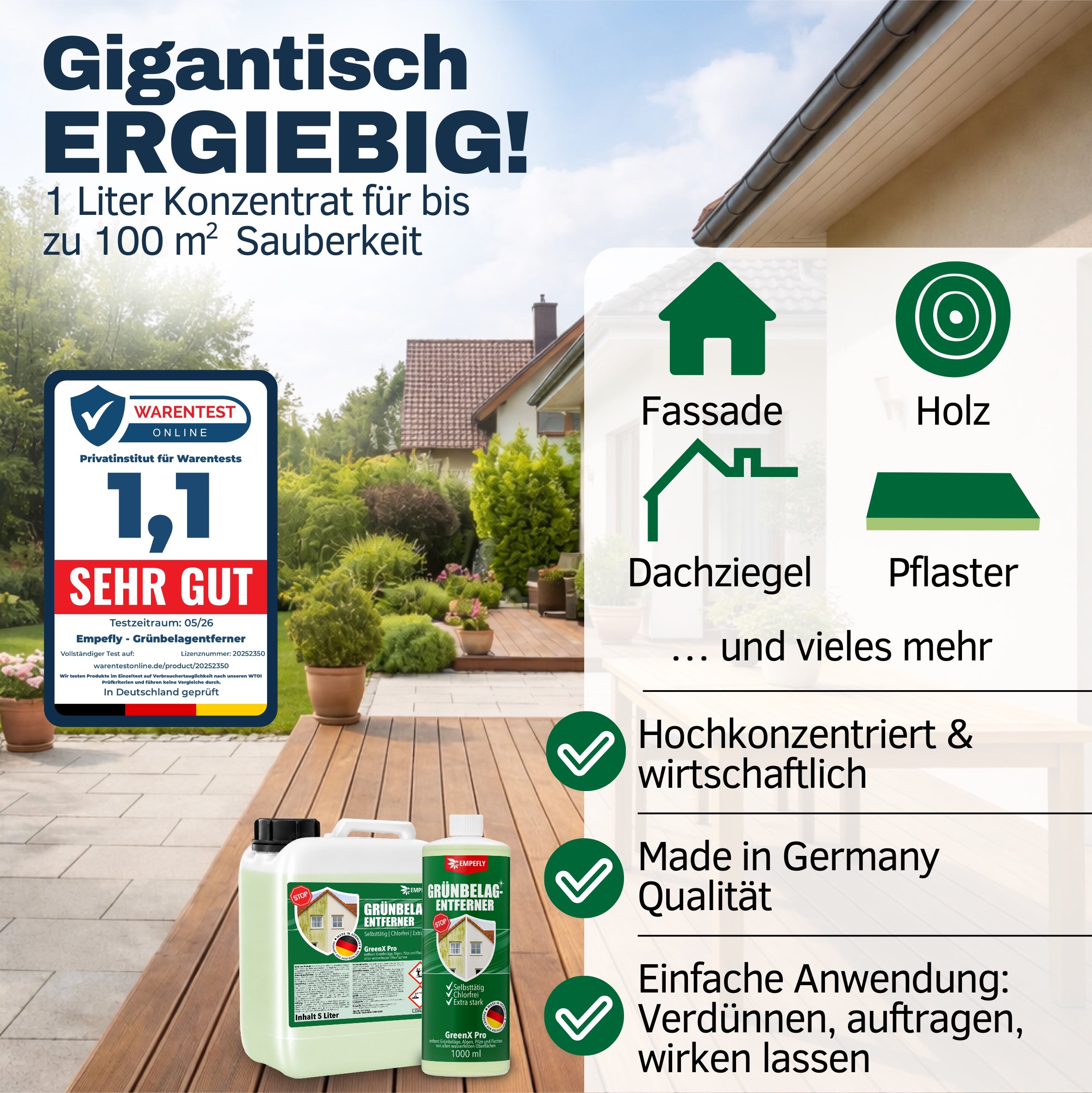 Grünbelag-Entferner Green X Pro hochkonzentriert für Fassade, Holz, Dachziegel und Pflaster – Empefly