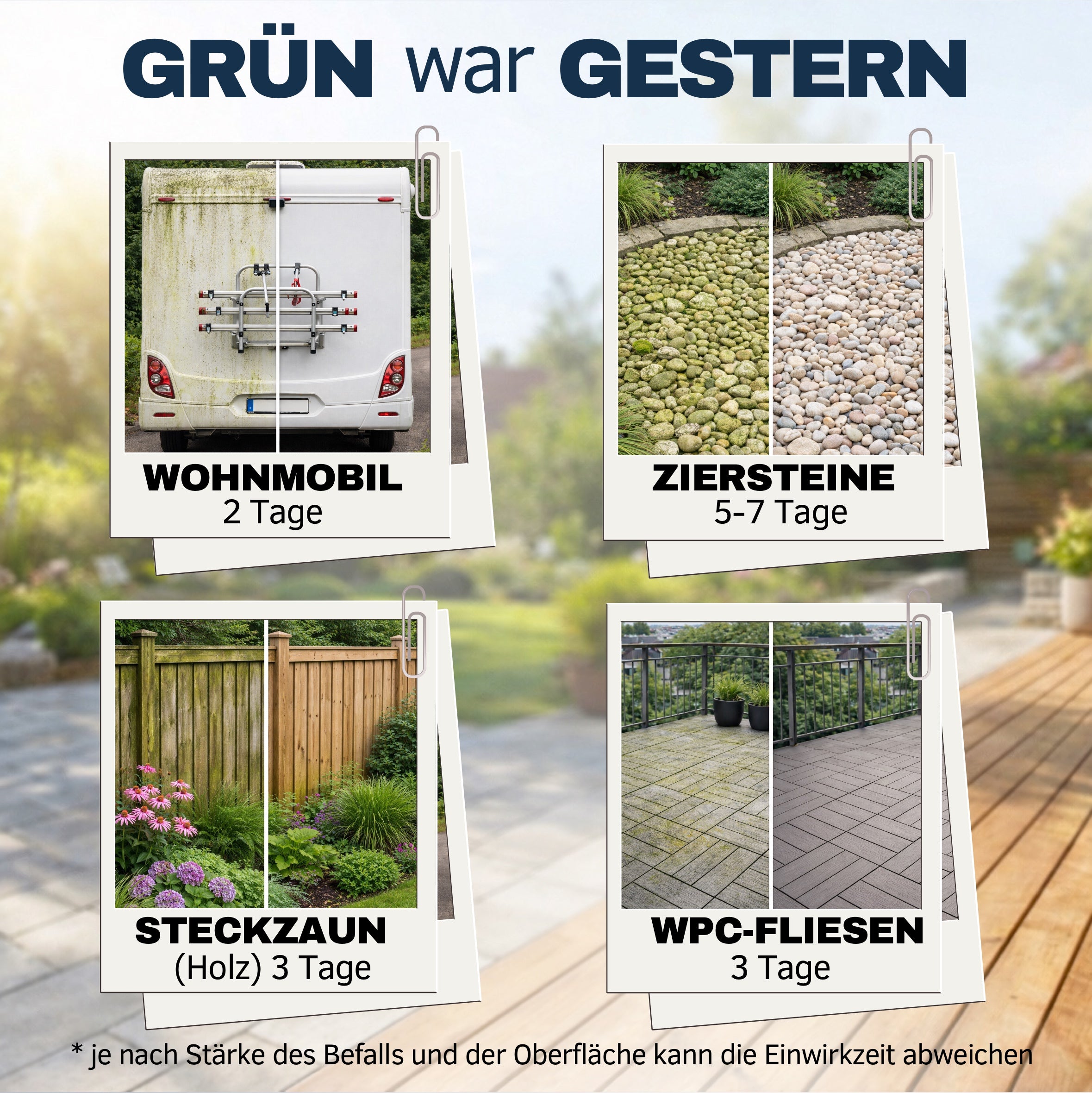 Grünbelag-Entferner Green X Pro Vorher-Nachher für Wohnmobil, Ziersteine, Holz und WPC-Fliesen – Empefly