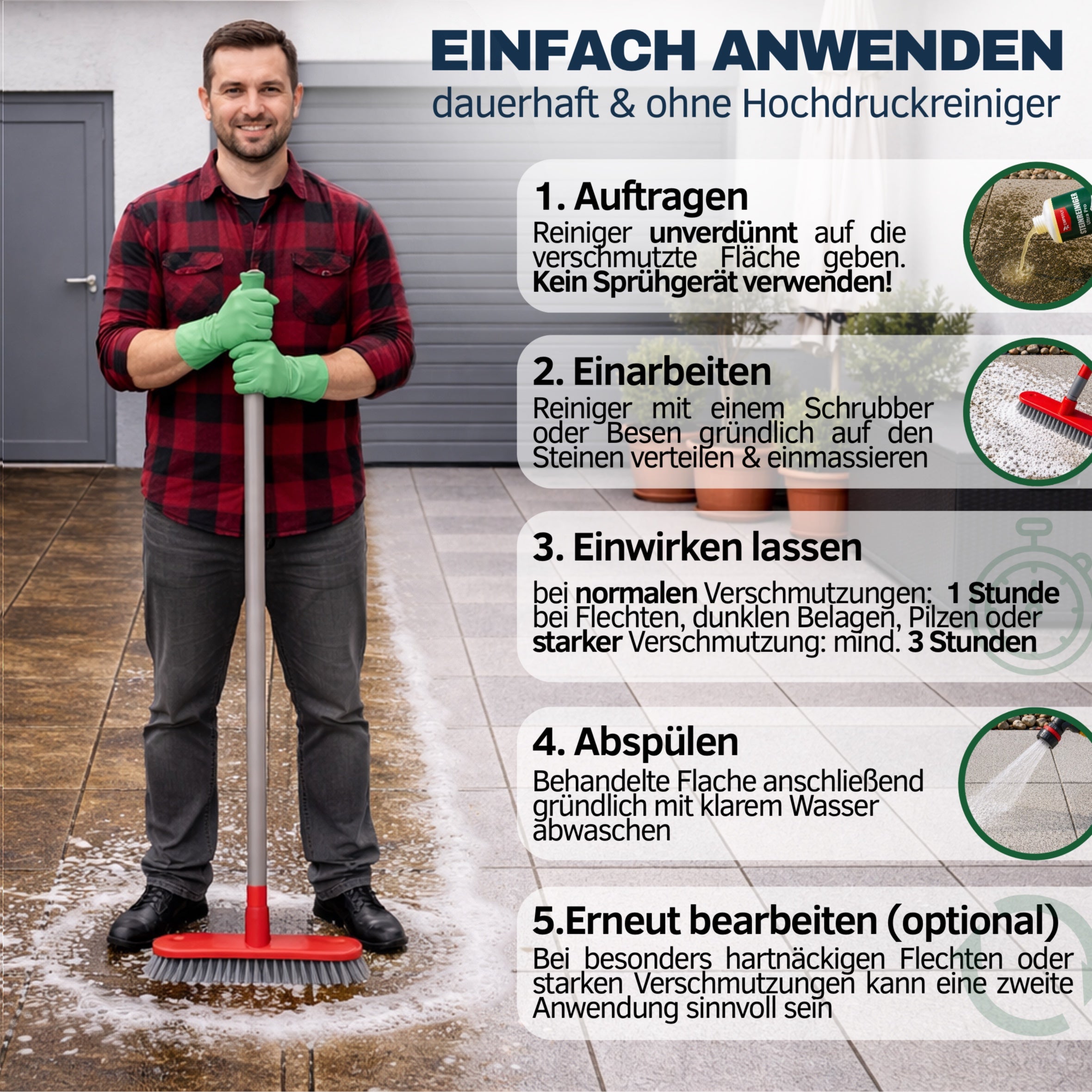 Steinreiniger Ultra Pro: auftragen, einarbeiten, einwirken lassen, abspülen – Empefly