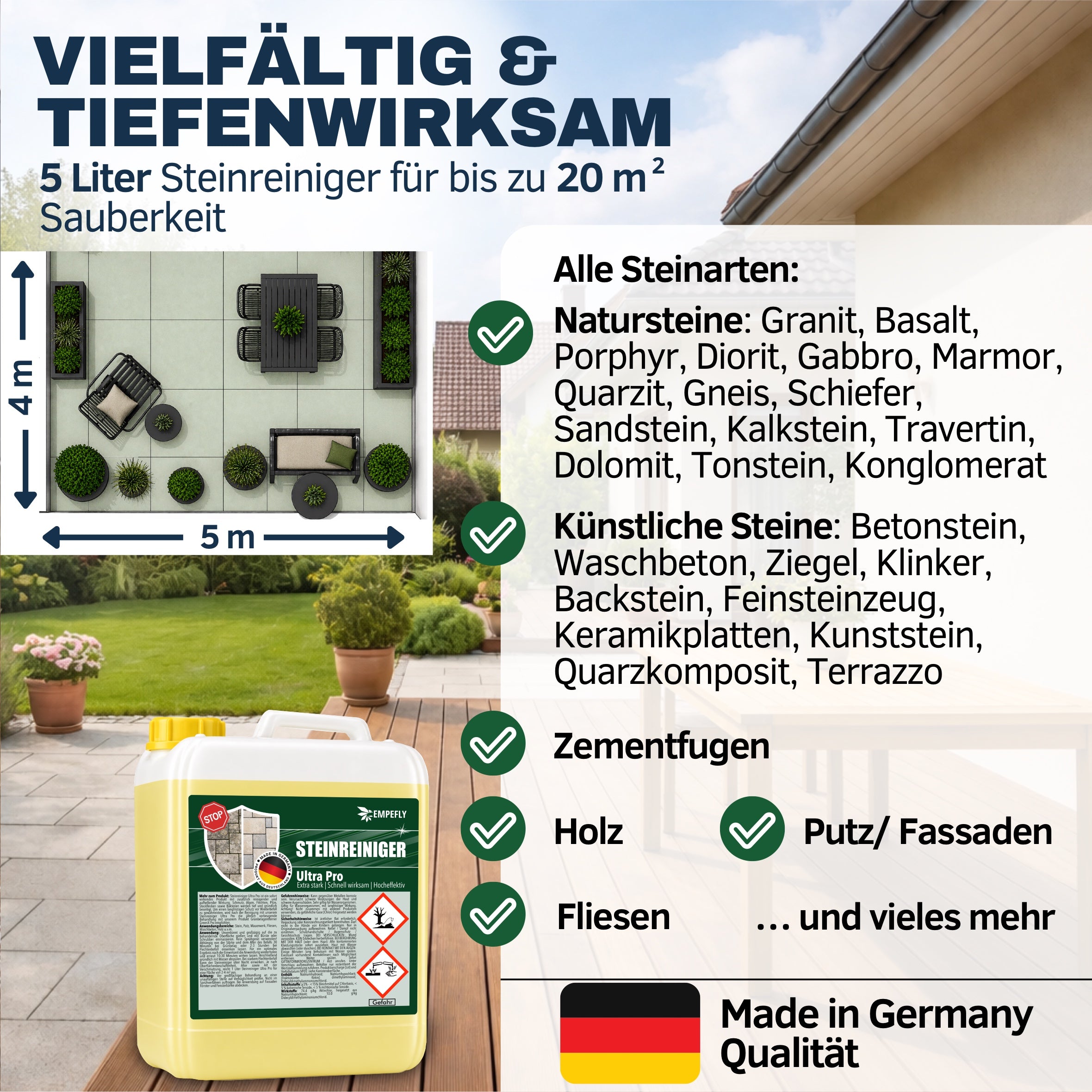 Steinreiniger Ultra Pro 5L für alle Steinarten bis 20 m² Made in Germany – Empefly