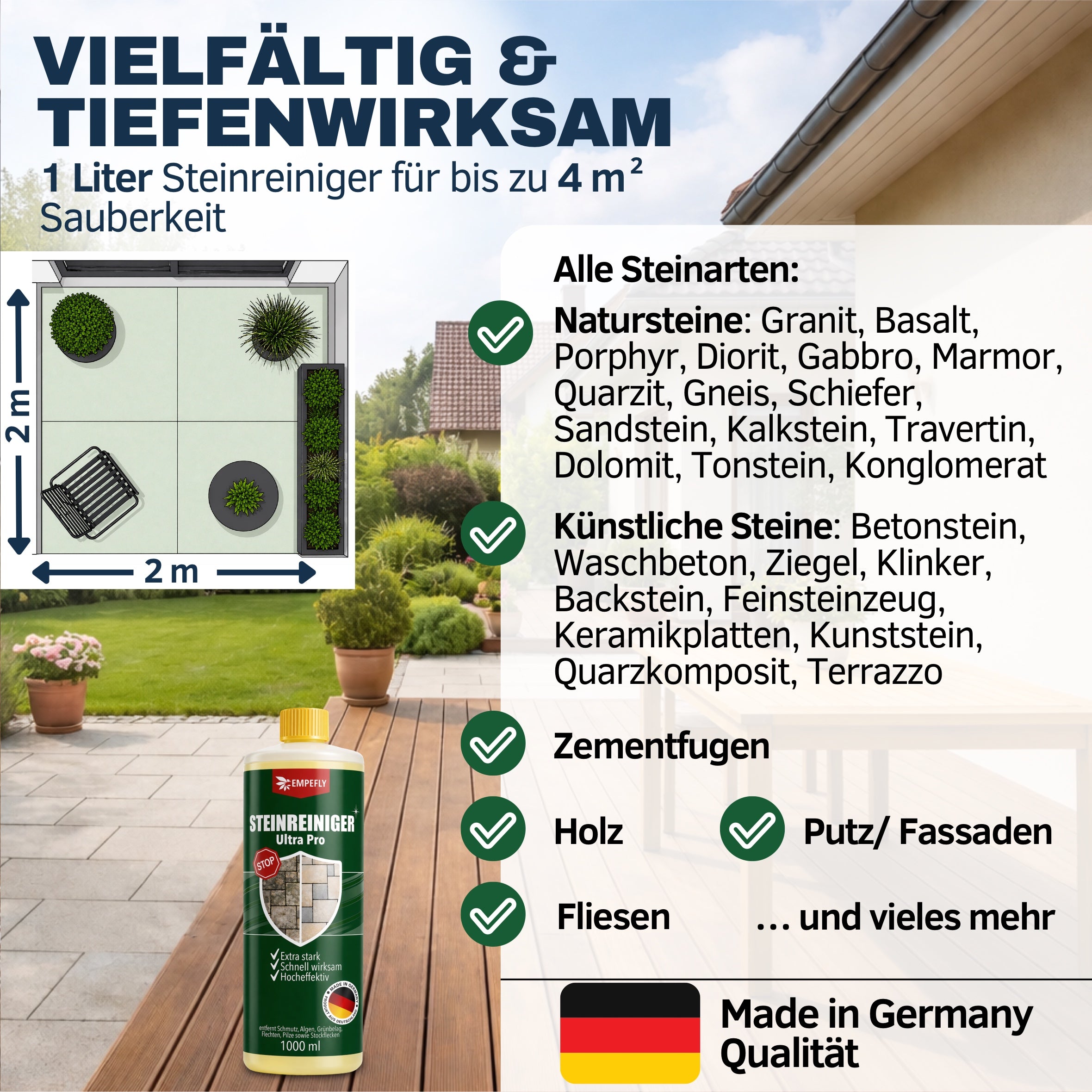 Steinreiniger Ultra Pro 1L für alle Steinarten bis 4 m² Made in Germany – Empefly