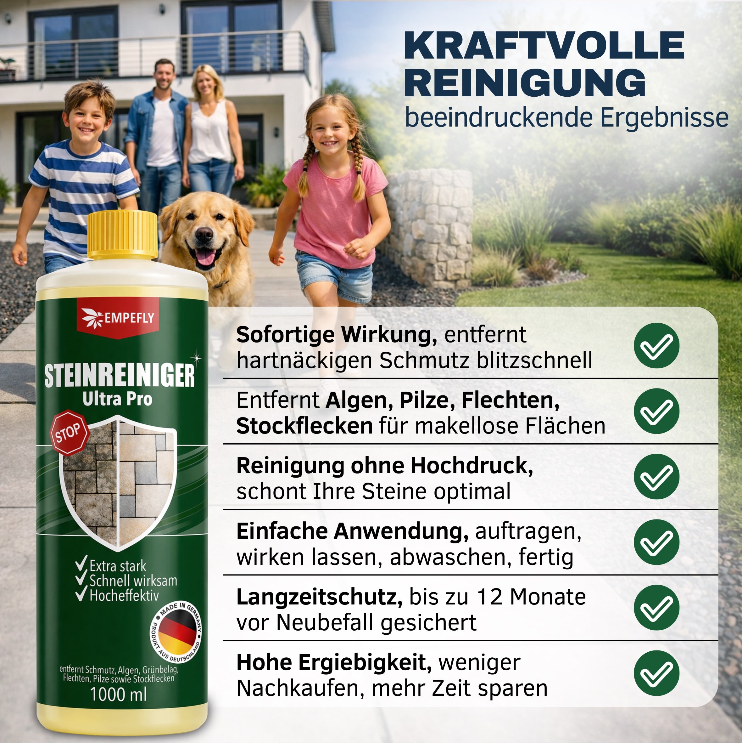 Steinreiniger Ultra Pro gegen Algen, Flechten und Stockflecken ohne Hochdruck – Empefly